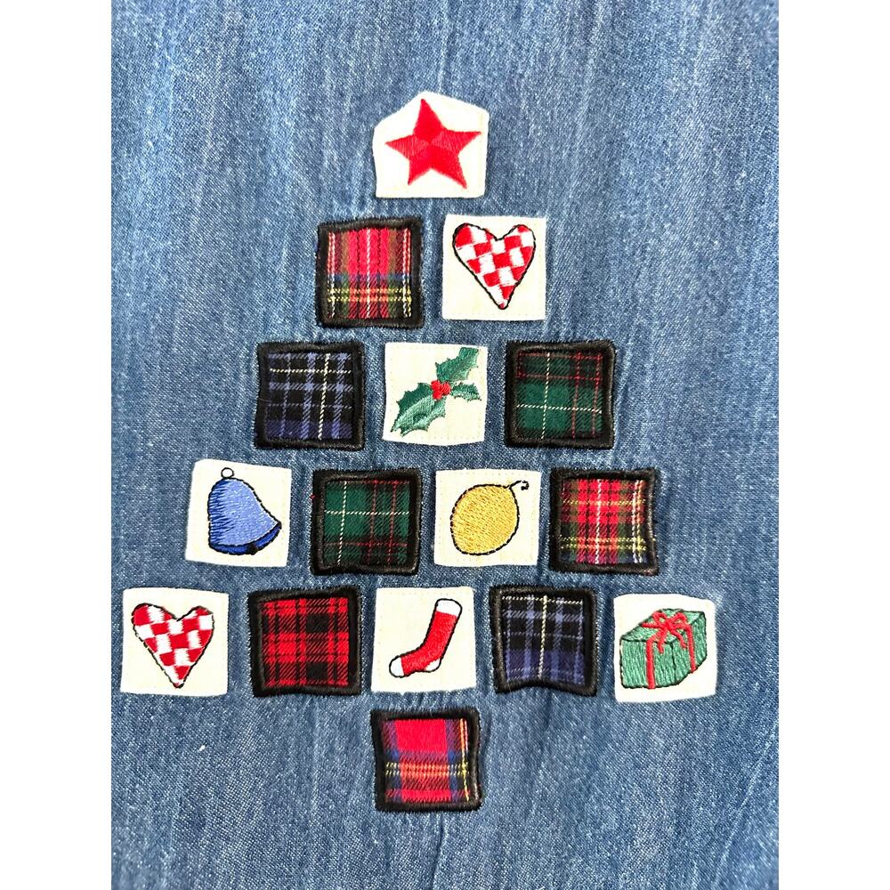 Vintage Susan Bristol Denim Christmas Dress Patchwork Plaid Holiday Pockets - 16 - Picture 2 of 5